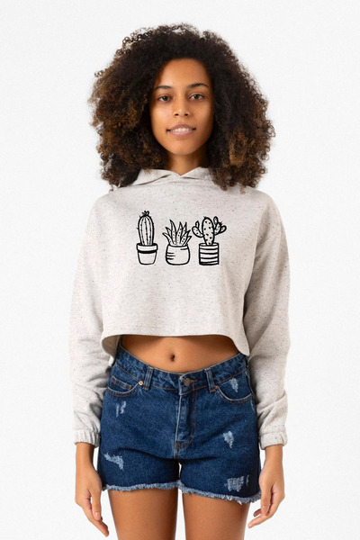 Tshirthane Cacti White Heather Women's Crop Hoodie