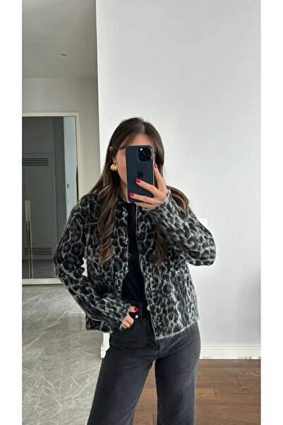 My Blog Grau-schwarzer Strickjacke mit Polokragen und Leopardenmuster – 4601