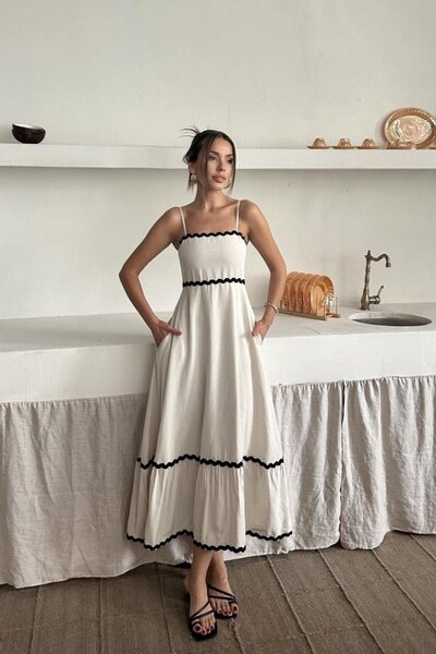 BÜŞRA TEZEL MODA Beige Stripe Detail Linen Dress