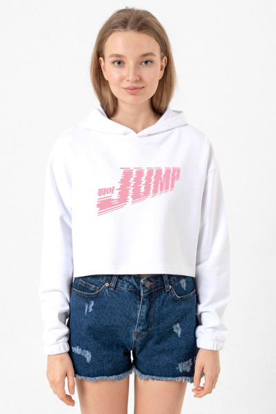 Tshirthane هودي نسائي قصير بقلنسوة من بلاكبينك جمب وايت أوبتيك