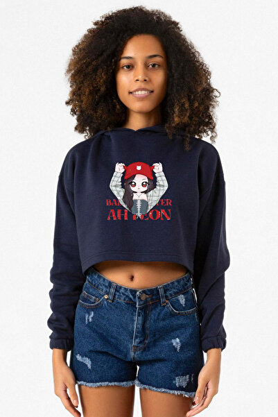 Tshirthane Ahyeon Babymonster Cap Navy Blue Women's Crop Hoodie
