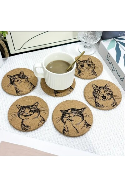 esdekor 6Pcs Whimsycat Carved Mushroom Coasters, Funny Cat Expression Drink Pads