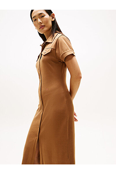 Tommy Hilfiger Kadın Normal Kalıp Gold Düğme Detaylı Saf Pamuklu Midi Kahverengi Elbise WW0WW44617-GWA