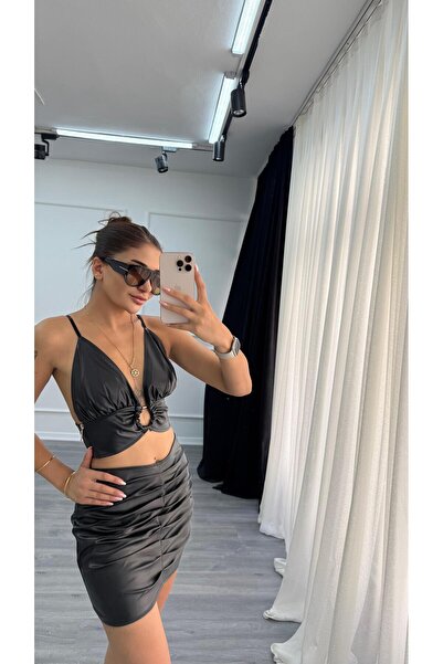 Daves Yüksek Bel Drapeli Deri Kısa Etek-Siyah