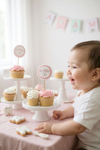 Cadde Süs İlk Dişim Temalı Pembe Yuvarlak Kürdan Süs 10`lu