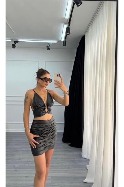 Daves Yüksek Bel Drapeli Deri Kısa Etek-Siyah