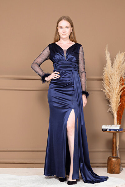 BEYBOS Rochie de pește din țesătură satinată cu mâneci și detaliu de mărgele ...