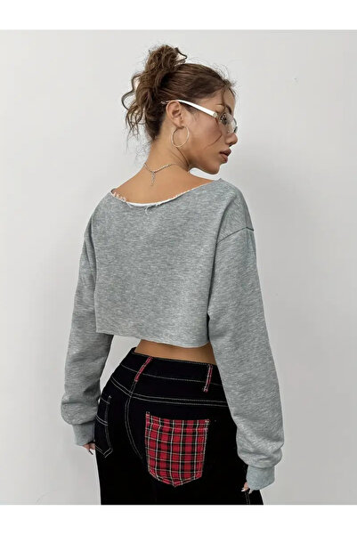 Machetta Kadın Düz Gri Kayık Yaka Sweatshirt