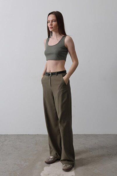 ASH GİYİM Belted Palazzo Trousers - Khaki-White