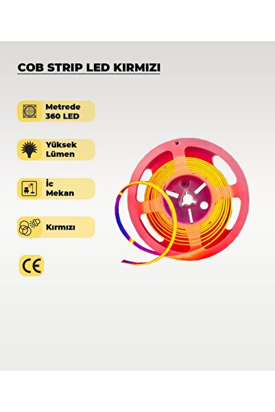AC AYDINLATMA 12V COB Şerit Led Kırmızı Işık - Metrede 360 Led - 5 Metre