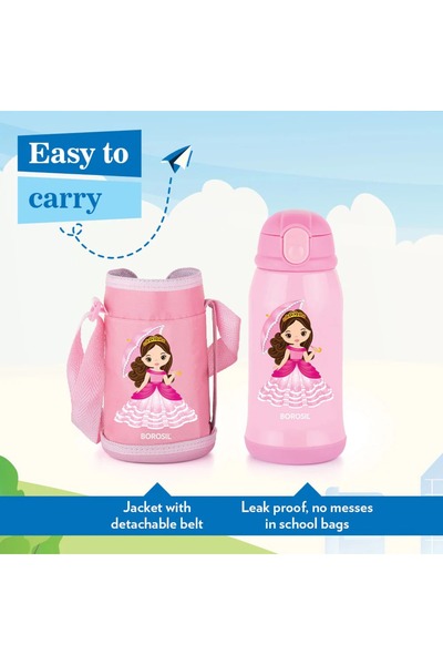 Borosil Princess Kids Sipper Water Bottle 500ml, Stainless Steel, Hot & Cold 12 Hrs, Straw & Carry Bag-Pink