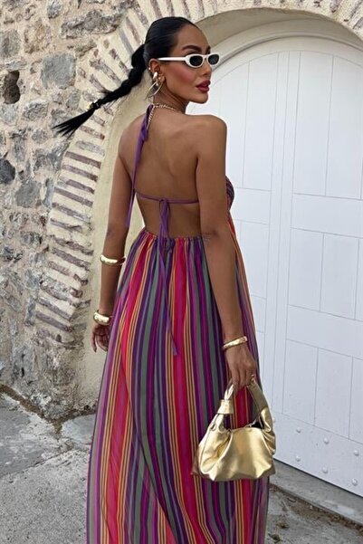 Genel Markalar Askılı Pile Detaylı Renkli Maxi Elbise 2748