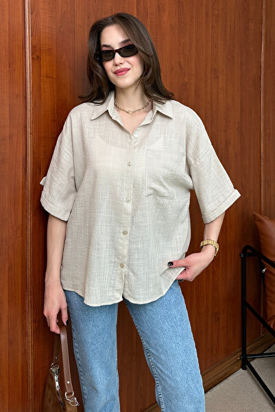 Butik Modana Kısa Kollu Keten Gömlek