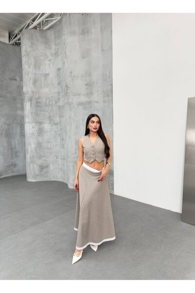 Adora Moda Women's Striped Garnished Midi Length Bell Skirt Vest Set