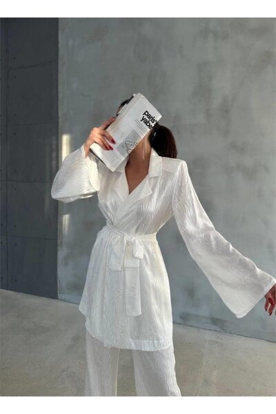 Butik Cămașă cu cravată din jacquard viscoză - SET PANTALONI - Alb