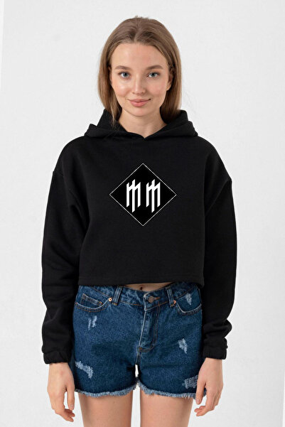 Tshirthane Marilyn Manson mm Logo Black Women's Crop Hoodie