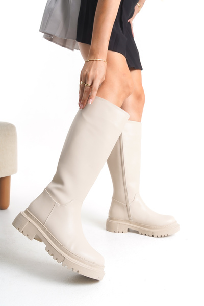 ELAIA SHOES Stride Beige Leather Thick Sole Side Zipper Women's Boots
