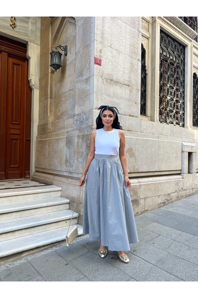 KÜÇÜĞÜM BUTİK Gray Flared Poplin Skirt