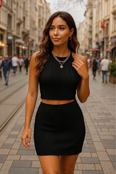 REKA MODA Γυναικείο Μίνι Φούστα με μηδενικό μανίκι Διπλό Πλεκτό Σετ