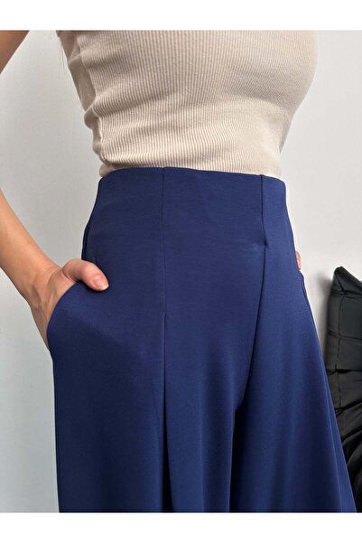 Hatun Atila High Waist Pleated Detail Wide Leg Pants 8909 - Navy Blue