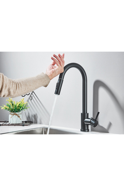 BisDesign Baterie chiuvetă bucătărie, funcție tactilă pornire/oprire, duș extractibil, 2 funcții de debit, dimensiune 39 cm