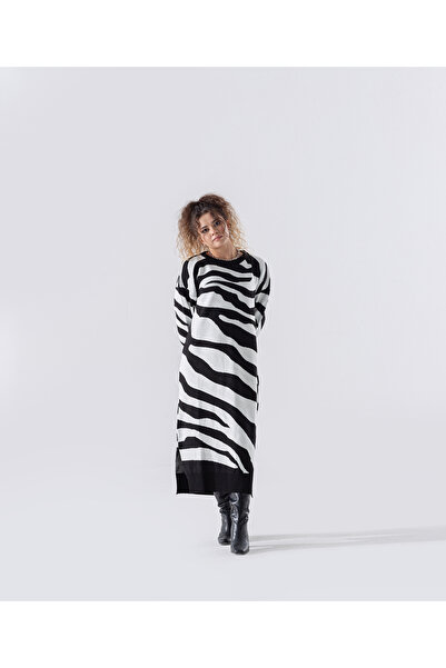 Triko Kumaş Zebra Desen Maxi Elbise