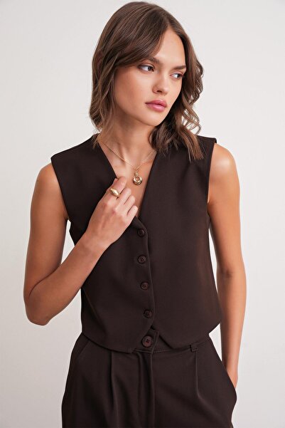 Mixray 4743 Women's V-Neck Buttoned Bodycon Vest Brown