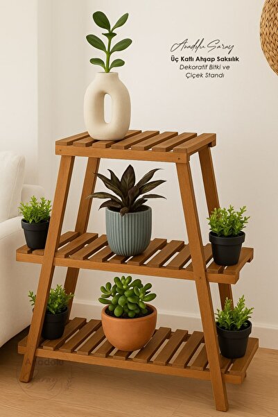Anadolu Saray Üç Katlı Ahşap Saksılık | Dekoratif Bitki ve Çiçek Standı | Doğ...