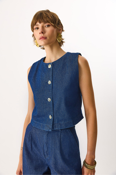 VENA Women's Dark Blue Jean 100% Cotton Vest - Dark Blue