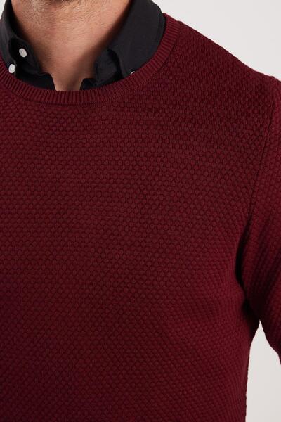 Tudors Men's Standard Fit Regular Cut Crew Neck Honeycomb Patterned Dark Burgundy Knitwear Sweater