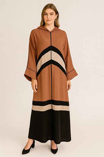 PEÇEM TEKSTİL 10027 KAPÜŞONL ÖNDEN FERMUARLI ŞERİT DETAYLI ABAYA FERACE QYS A...