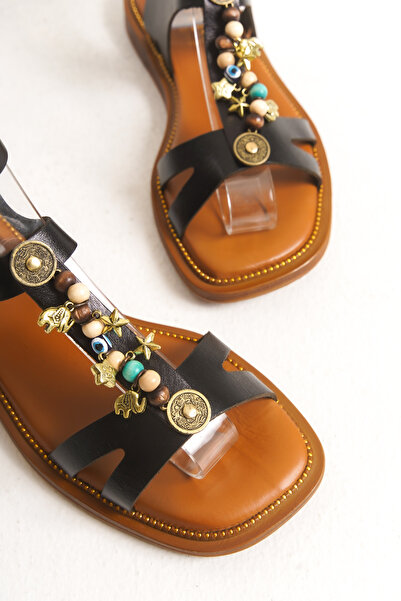 Yılmaz Exclusive - صندل نسائي أسود من الجلد الطبيعي مع رباط للكاحل مزين بالخرز