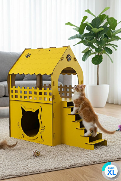 teknomooji XL Kedi Evi – Sarı, Merdivenli, İki Katlı MDF, 66×68×38 cm