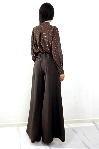 FashionForYou Elegant women's pants HARRU wide leg, with bow tie, BROWN, Size S/M/L