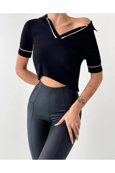 My Blog Black Sky Polo Neck Short Sleeve Knitwear Blouse-4372