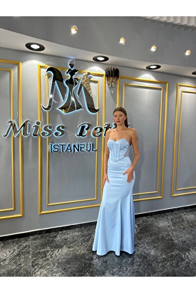 MissBetül Straplez Şerit Taş İşlemeli Lacivert Abiye