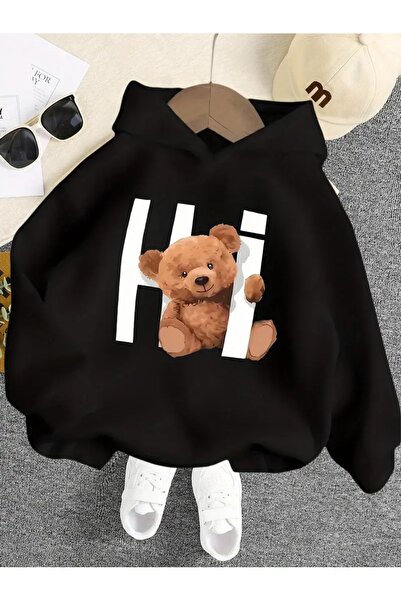 MORNİNG KİDS Hanorac negru pentru fetiță, cu glugă, cu imprimeu HI Teddy Bear