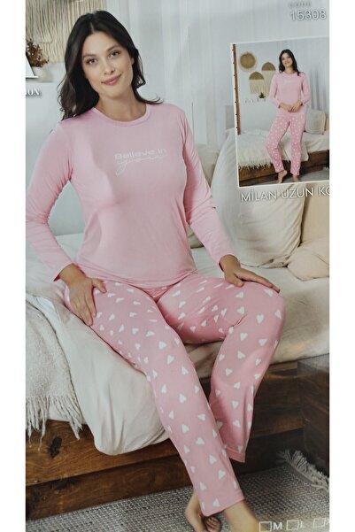 sayina Women's Pink Crew Neck Six Heart Cotton Pajama Set