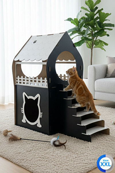 teknomooji XXL Kedi Evi – Siyah Beyaz, Merdivenli, İki Katlı MDF, 83×81×40 cm