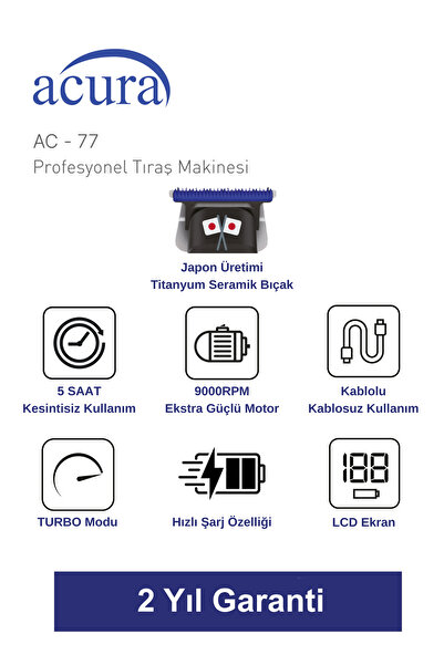 Acura AC-77 Titanyum Seramik Bıçaklı Profesyonel Sakal Ense Tıraş Makinesi