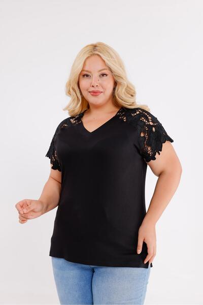 Siyezen Plus Size Shoulders Lace Embroidered Blouse
