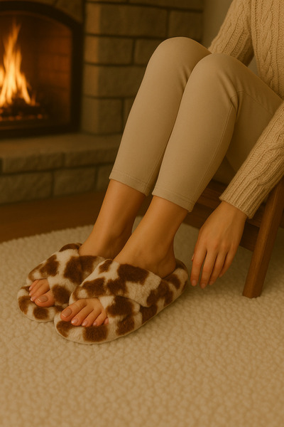 Beyond Women's Dalmatian Patterned Mink Beige Cross-Strapped Furry House Slippers Byndcap01