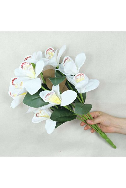 Kanguroom Yapay Beyaz Benekli Islak Orkide 5 Dal Gerçek Dokulu Singapur Orkidesi 50 cm
