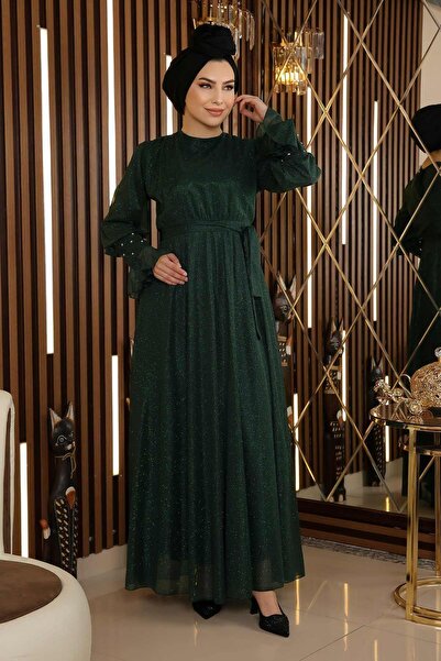 Missvalle Taş Detaylı Simli Şifon Abiye Zümrüt 19113