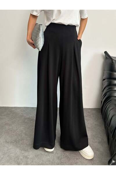 Hatun Atila High Waist Pleated Detail Wide Leg Pants 8909 - Black