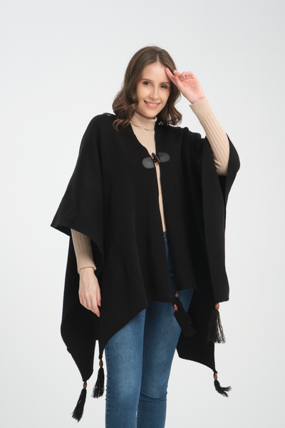 Genel Markalar Düz Püsküllü Triko Panço - Balıkçı Dikişli Oversize Kadın Panç...