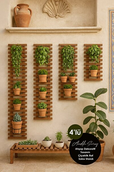 Anadolu Saray 4’lü Set Dekoratif Ahşap Çiçeklik | Duvar Tipi Çiçek Standı & S...