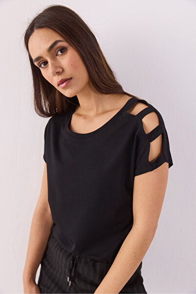 VENA Elsa Crew Neck Modal T-Shirt with Shoulder Detail (Lyocell) - Black
