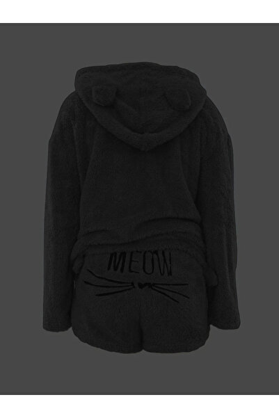 Genel Markalar Kadın Uzun Kollu Meow Kedi Nakışlı Kapşonlu Peluş Sweat Ve Short Ikili Takım