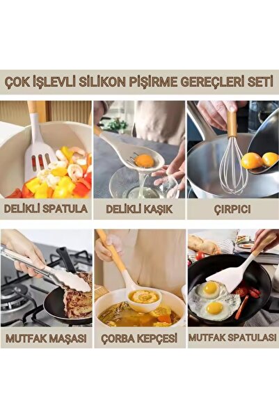 Polham Professional Full Set 33 Pieces Bpa Free Silicone Kitchen Serving Set with Wooden Handle, Serving and Kev